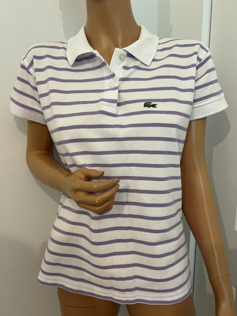 Lacoste Women’s White Purple Striped Polo Shirt Crocodile Logo Short Sleeve Size